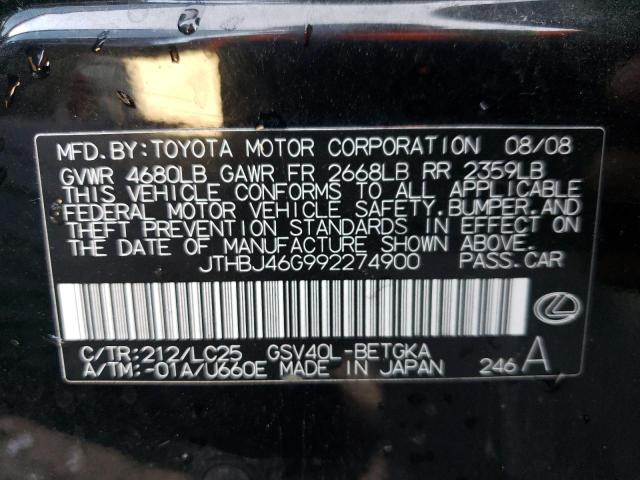 JTHBJ46G992274900 - 2009 LEXUS ES 350 BLACK photo 12