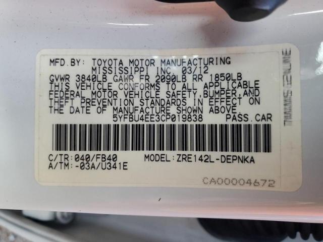 5YFBU4EE3CP019838 - 2012 TOYOTA COROLLA BASE WHITE photo 12