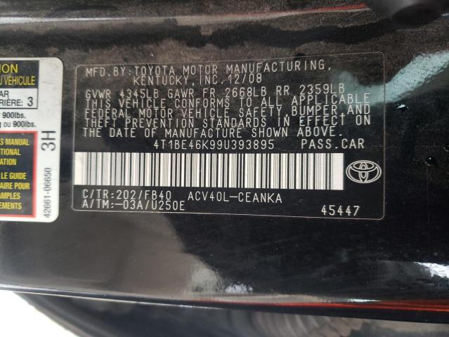 4T1BE46K99U393895 - 2009 TOYOTA CAMRY BASE BLACK photo 12