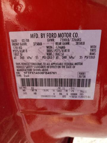 1FTPX14508FB45781 - 2008 FORD F150 RED photo 12