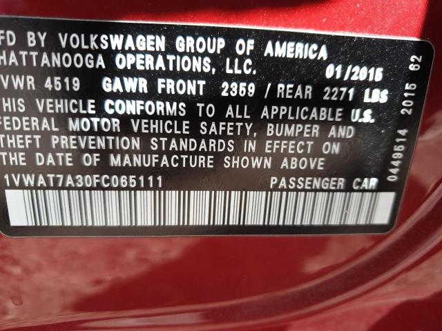 1VWAT7A30FC065111 - 2015 VOLKSWAGEN PASSAT S RED photo 13