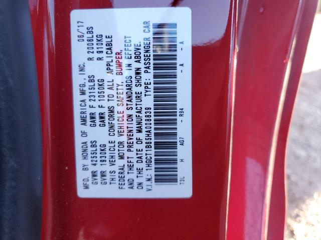 1HGCT1B65HA008839 - 2017 HONDA ACCORD EXL RED photo 13