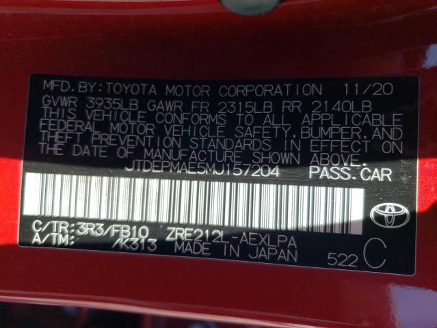 JTDEPMAE5MJ157204 - 2021 TOYOTA COROLLA LE RED photo 12