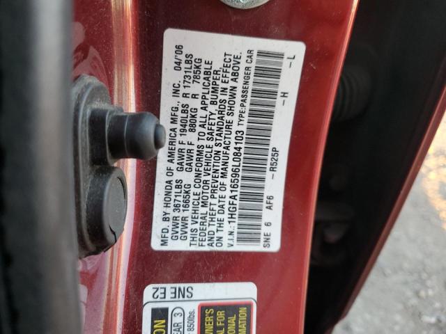 1HGFA16596L084103 - 2006 HONDA CIVIC LX BURGUNDY photo 12