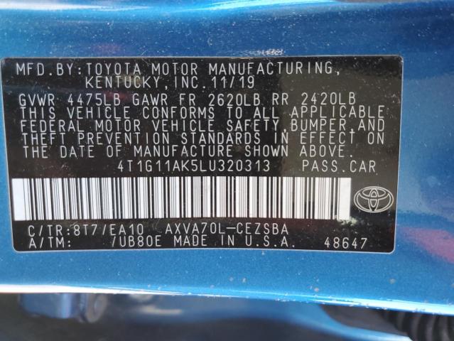 4T1G11AK5LU320313 - 2020 TOYOTA CAMRY SE BLUE photo 12