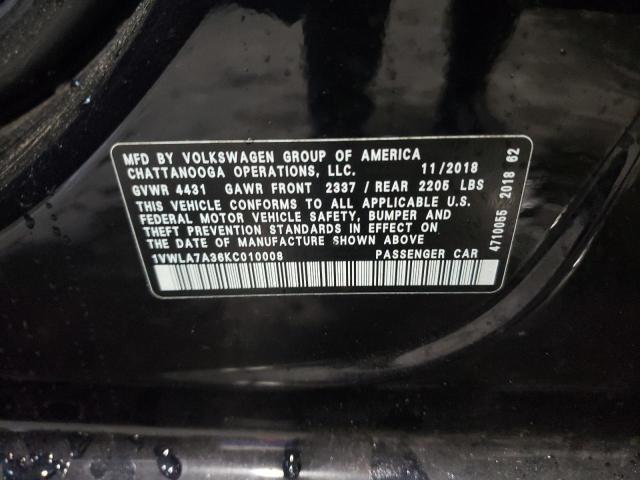 1VWLA7A36KC010008 - 2019 VOLKSWAGEN PASSAT WOLFSBURG BLACK photo 10