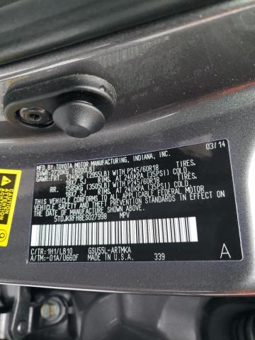 5TDJKRFH8ES027998 - 2014 TOYOTA HIGHLANDER XLE ნაცრისფერი ფოტო 12