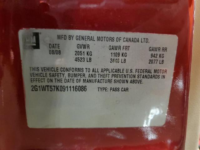 2G1WT57K091116086 - 2009 CHEVROLET IMPALA 1LT RED photo 12