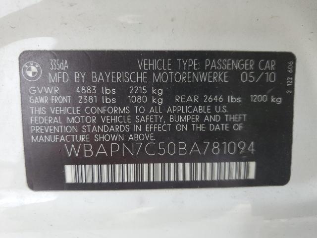 WBAPN7C50BA781094 - 2011 BMW 335 D WHITE photo 13