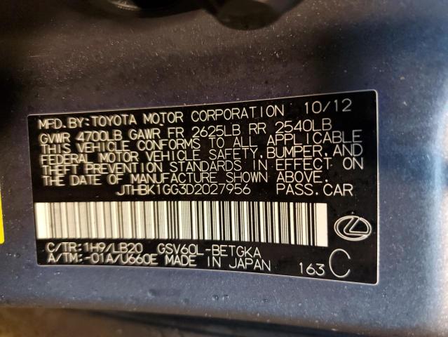 JTHBK1GG3D2027956 - 2013 LEXUS ES 350 GRAY photo 12