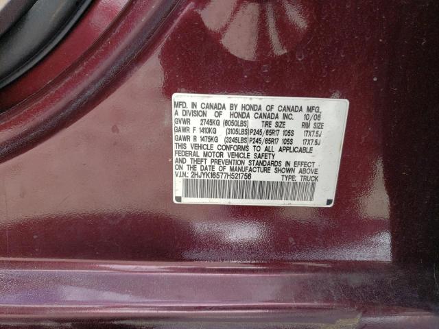 2HJYK16577H521756 - 2007 HONDA RIDGELINE RTL MAROON photo 12