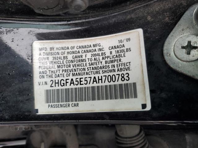 2HGFA5E57AH700783 - 2010 HONDA CIVIC SI BLACK photo 12