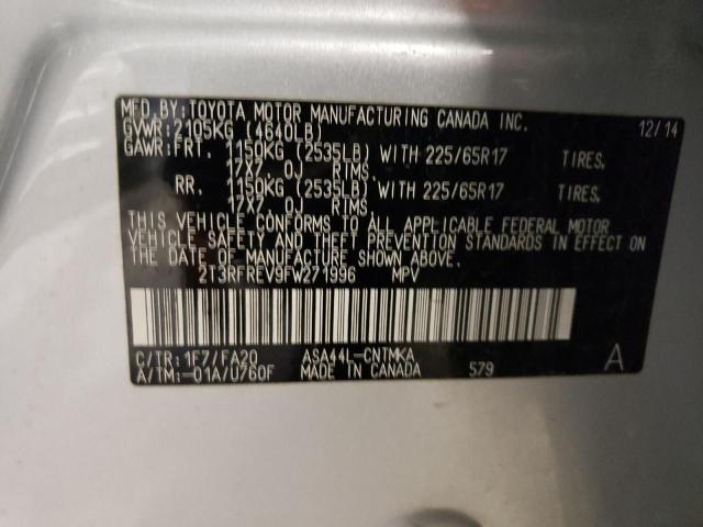 2T3RFREV9FW271996 - 2015 TOYOTA RAV4 XLE SILVER photo 13