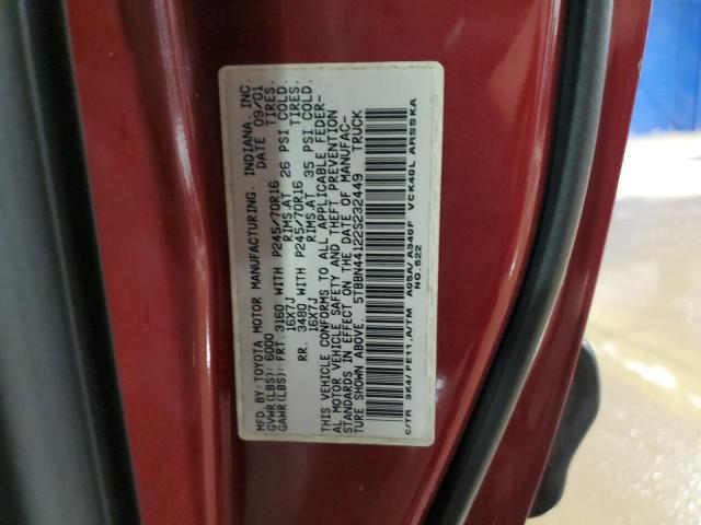 5TBBN44122S232449 - 2002 TOYOTA TUNDRA ACCESS CAB SR5 RED photo 12