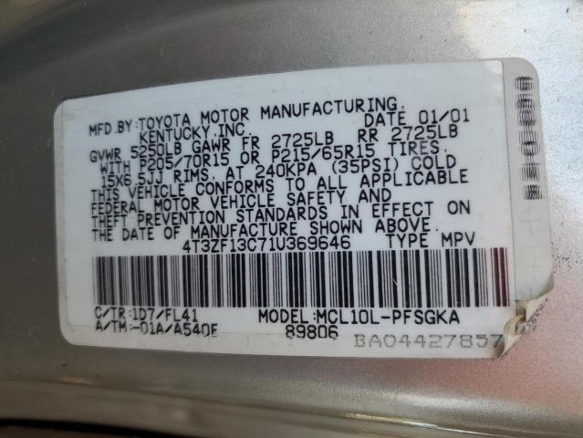 4T3ZF13C71U369646 - 2001 TOYOTA SIENNA LE SILVER photo 14