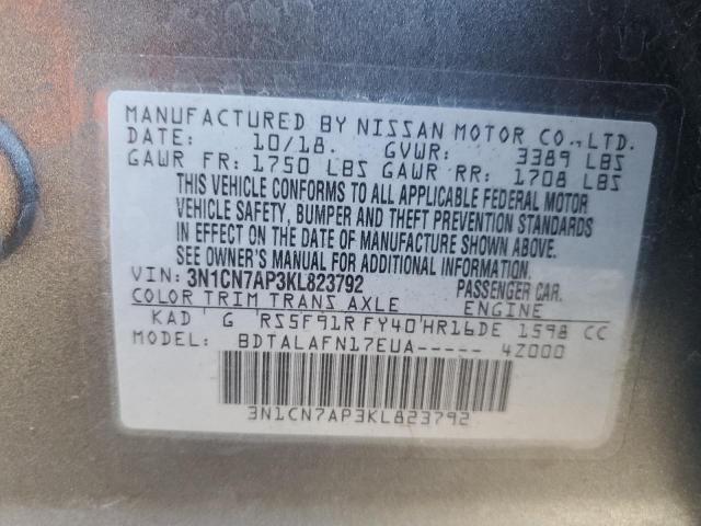 3N1CN7AP3KL823792 - 2019 NISSAN VERSA S GRAY photo 12