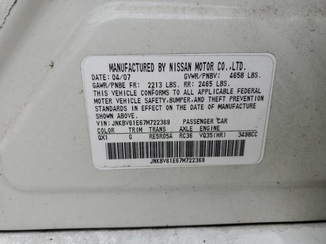 JNKBV61E67M722369 - 2007 INFINITI G35 WHITE photo 12