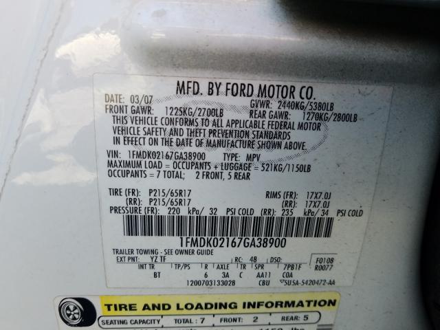 1FMDK02167GA38900 - 2007 FORD FREESTYLE SEL  photo 10