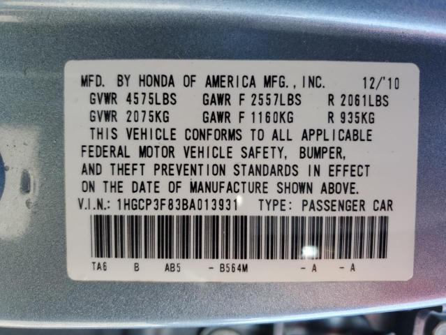 1HGCP3F83BA013931 - 2011 HONDA ACCORD EXL BLUE photo 13