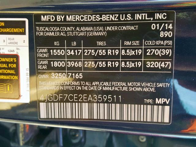 4JGDF7CE2EA359511 - 2014 MERCEDES-BENZ GL 450 4MATIC  photo 10