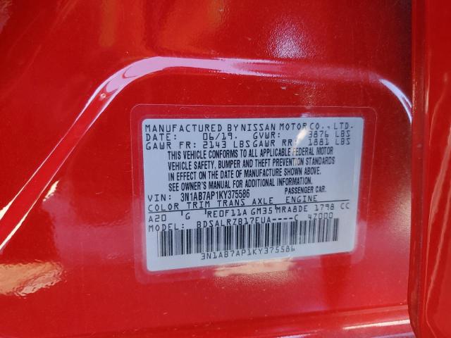 3N1AB7AP1KY375586 - 2019 NISSAN SENTRA S RED photo 12