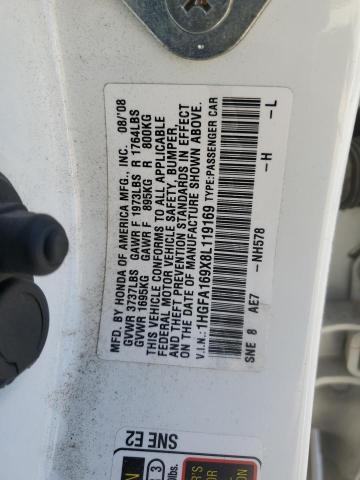 1HGFA169X8L119169 - 2008 HONDA CIVIC EXL თეთრი ფოტო 12