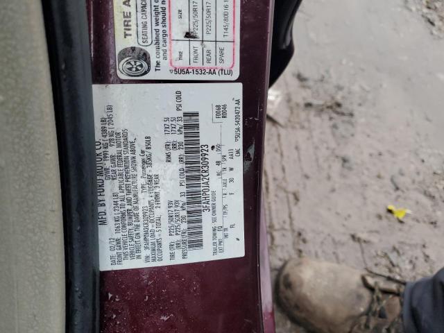 3FAHP0JA2CR309923 - 2012 FORD FUSION SEL BURGUNDY photo 12