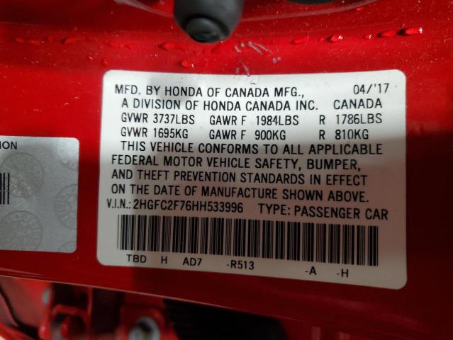 2HGFC2F76HH533996 - 2017 HONDA CIVIC EX RED photo 12