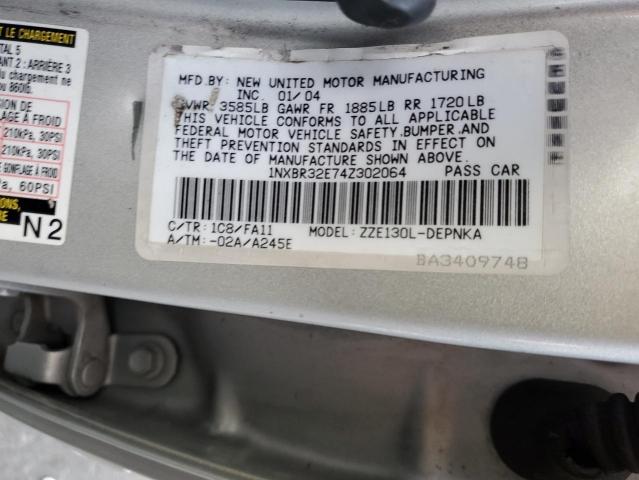 1NXBR32E74Z302064 - 2004 TOYOTA COROLLA CE SILVER photo 12