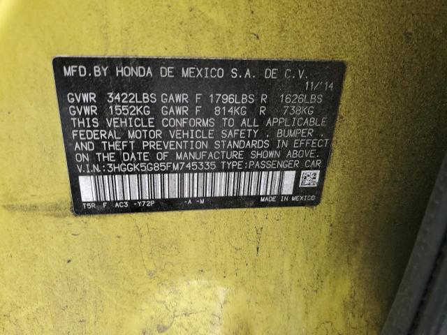 3HGGK5G85FM745335 - 2015 HONDA FIT EX YELLOW photo 12