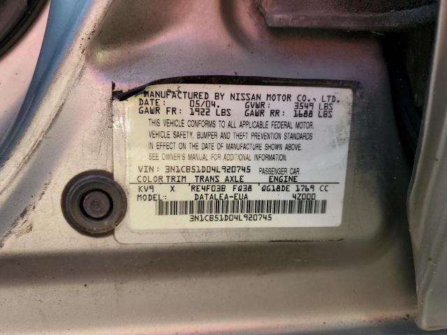 3N1CB51D04L920745 - 2004 NISSAN SENTRA 1.8 SILVER photo 12