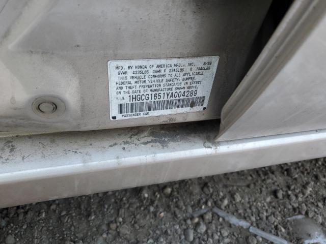 1HGCG1651YA004289 - 2000 HONDA ACCORD EX GOLD photo 12