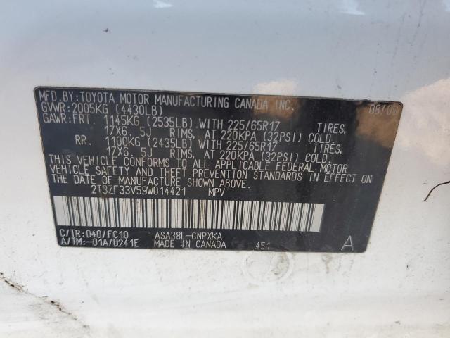 2T3ZF33V59W014421 - 2009 TOYOTA RAV4 WHITE photo 12