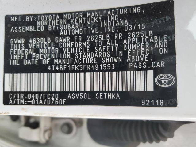 4T4BF1FK5FR491593 - 2015 TOYOTA CAMRY LE WHITE photo 12