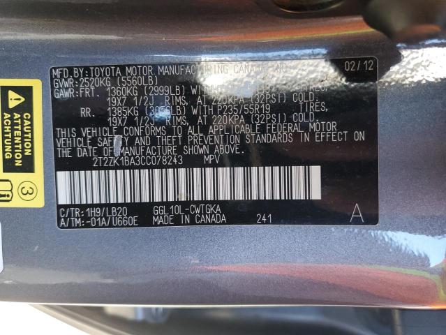 2T2ZK1BA3CC078243 - 2012 LEXUS RX 350 GRAY photo 12