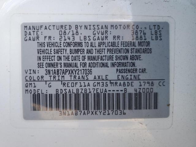 3N1AB7APXKY217036 - 2019 NISSAN SENTRA S WHITE photo 12