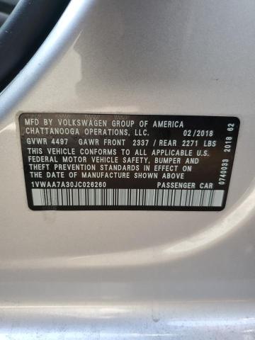 1VWAA7A30JC026260 - 2018 VOLKSWAGEN PASSAT S SILVER photo 12