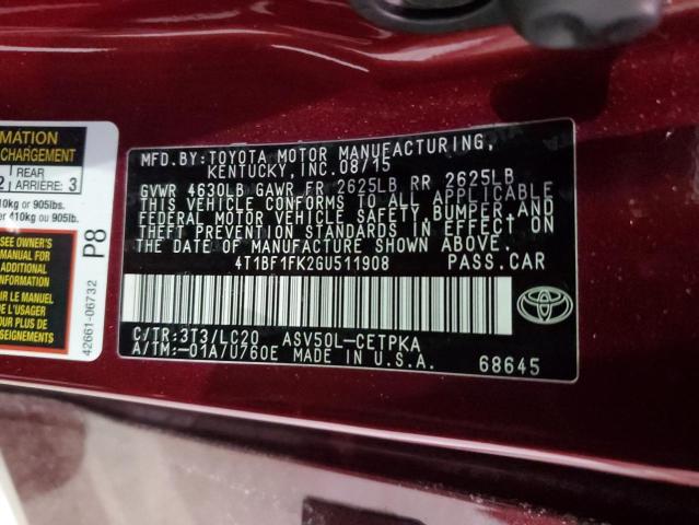 4T1BF1FK2GU511908 - 2016 TOYOTA CAMRY LE BURGUNDY photo 13