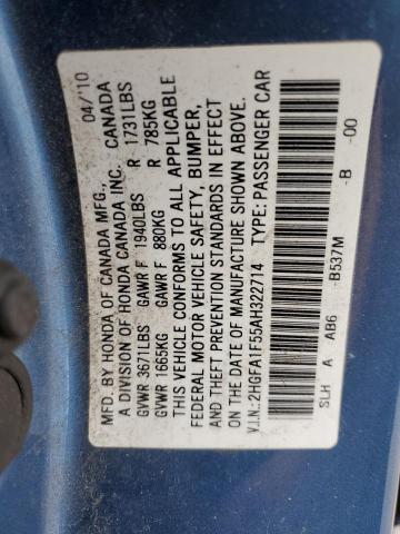 2HGFA1F55AH322714 - 2010 HONDA CIVIC LX BLUE photo 12