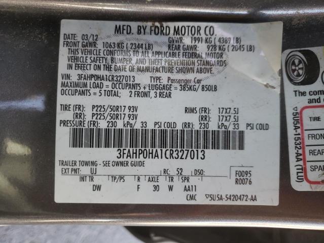 3FAHP0HA1CR327013 - 2012 FORD FUSION SE GRAY photo 12