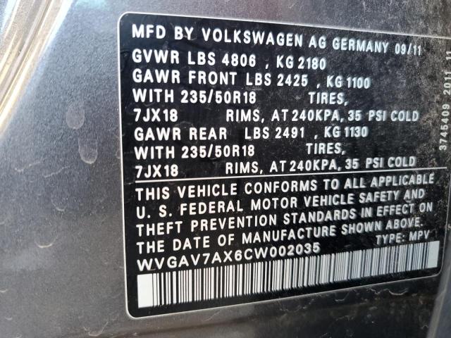 WVGAV7AX6CW002035 - 2012 VOLKSWAGEN TIGUAN S GRAY photo 12