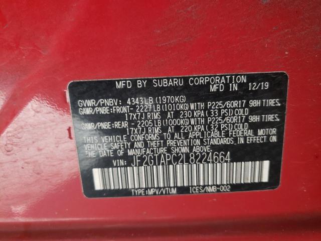 JF2GTAPC2L8224664 - 2020 SUBARU CROSSTREK PREMIUM წითელი ფოტო 12