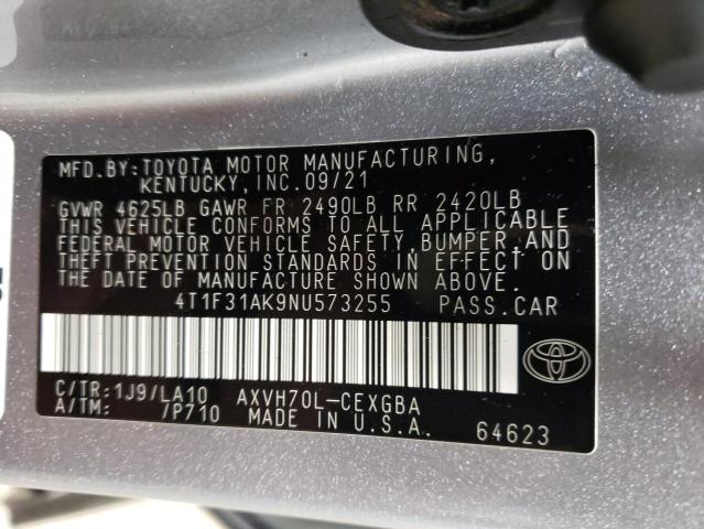 4T1F31AK9NU573255 - 2022 TOYOTA CAMRY XLE SILVER photo 12