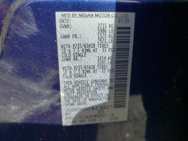 5N1DR2AN5LC623027 - 2020 NISSAN PATHFINDER S BLUE photo 12