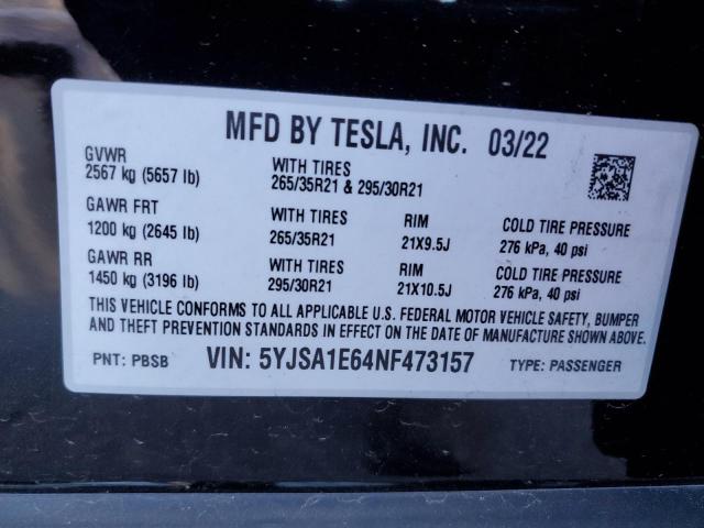 5YJSA1E64NF473157 - 2022 TESLA MODEL S 黑色 照片 12