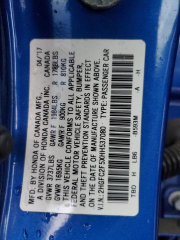 2HGFC2F5XHH537080 - 2017 HONDA CIVIC LX BLUE photo 12