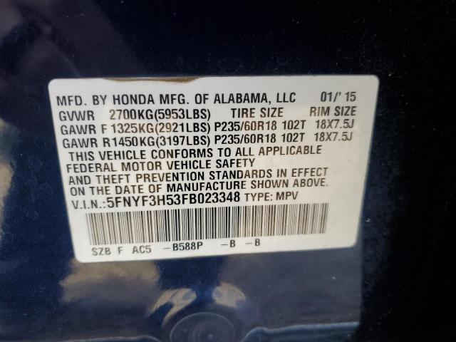 5FNYF3H53FB023348 - 2015 HONDA PILOT EXL BLUE photo 13