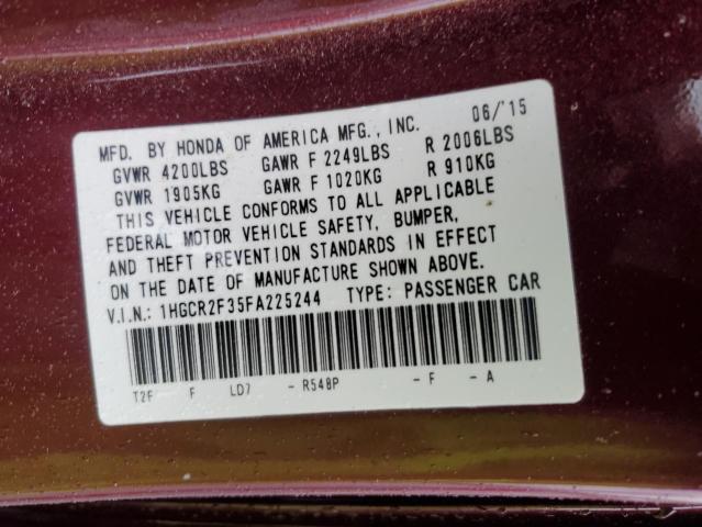 1HGCR2F35FA225244 - 2015 HONDA ACCORD LX MAROON photo 12