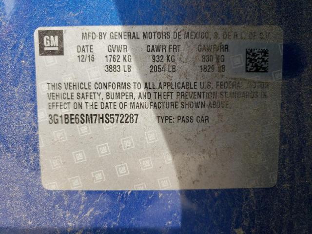 3G1BE6SM7HS572287 - 2017 CHEVROLET CRUZE LT BLUE photo 12