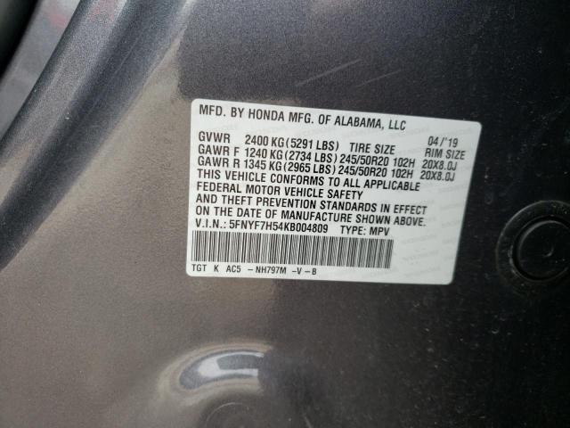 5FNYF7H54KB004809 - 2019 HONDA PASSPORT EXL GRAY photo 14
